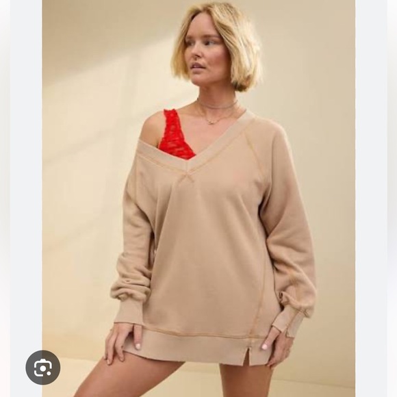 Aerie Downtime VNeck Oversized Textured Koko Brown Sweatshirt S NWT - Picture 1 of 5